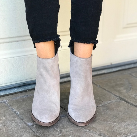 NIB Taupe Suede Asymmetrical Block Heel Bootie - Picture 2 of 3